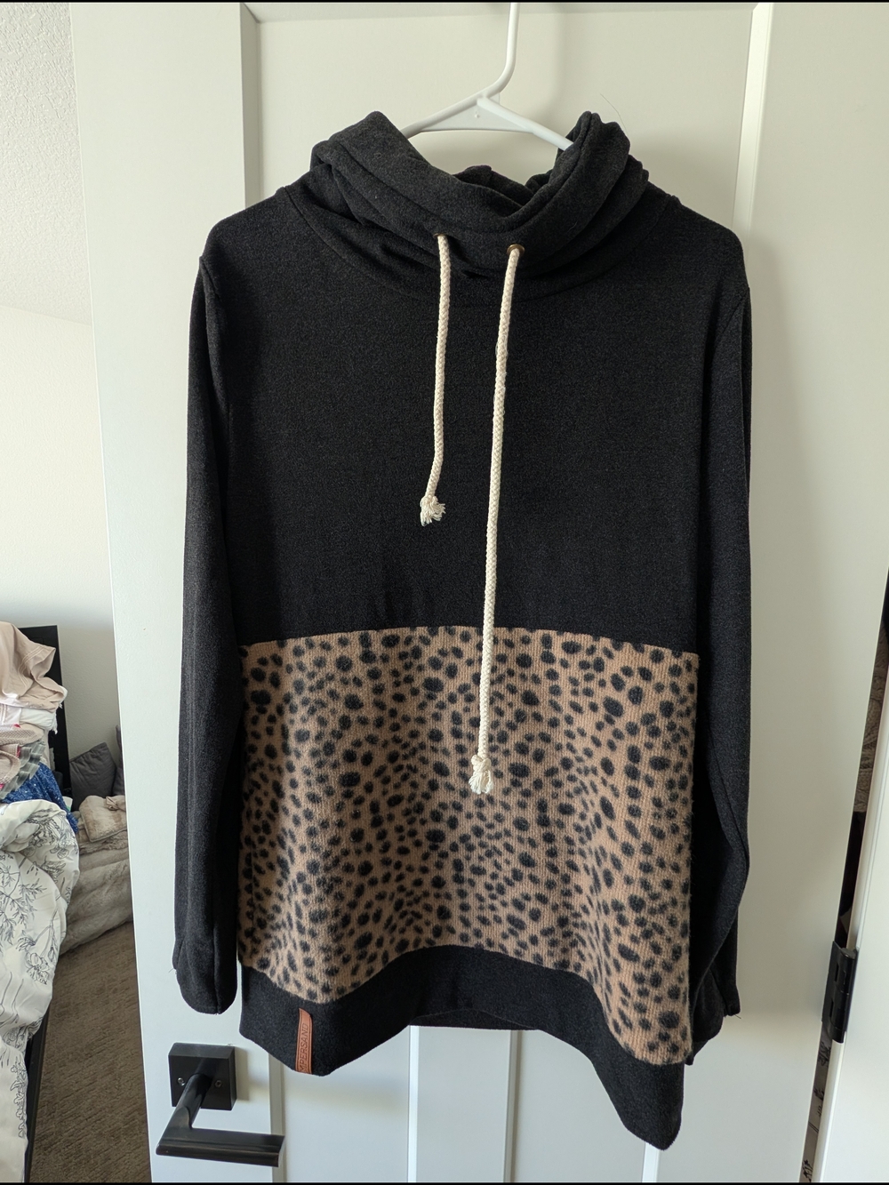 AMPERSAND AVE Black Pullover with Leopard Print Panel